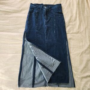 NWOT Forever 21 Blue Denim Distressed Maxi Skirt with side slits